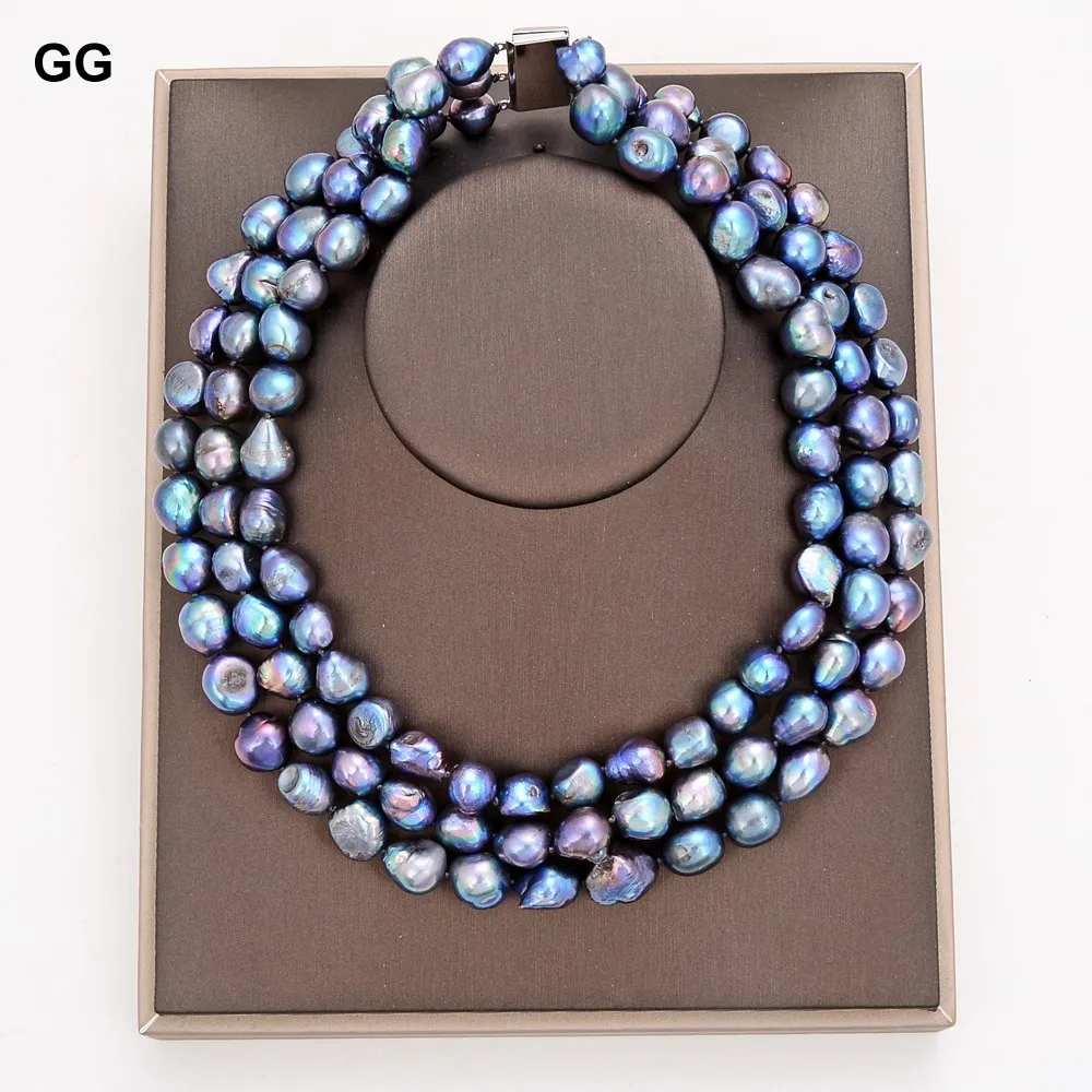 G-G 3 Strands Natural 12-15mm Peacock Black Baroque Keshi Necklace