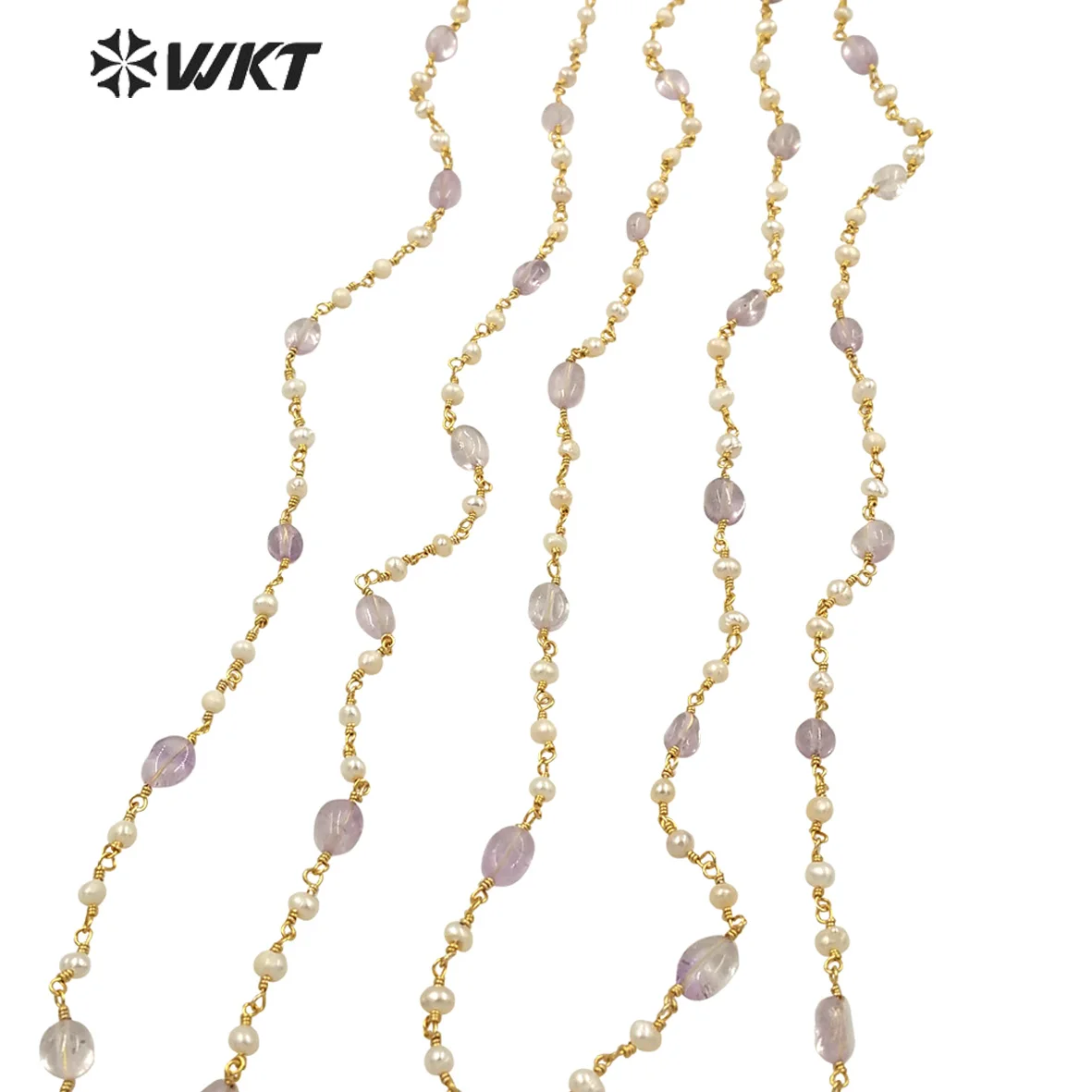 WT-RBC187 Newest handmade Amethyst stone and Pearl mix rosary beads chain in  real gold plated fashion jewelry findings chain