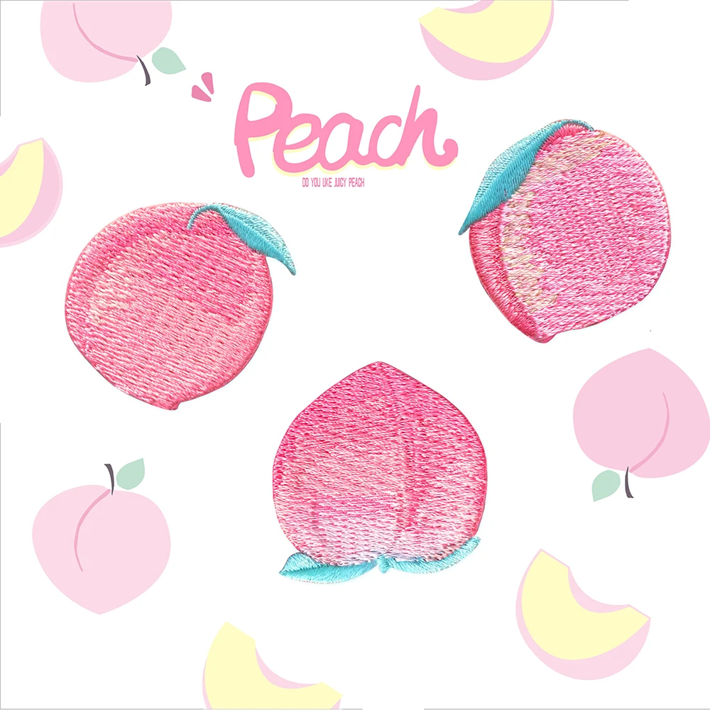 AHYONNIEX 1 Piece Pink Peach Embroidery Repair Patches Bag Jacket Jeans Cartoon Iron On Patches for Clothes Cute Glue Sticker