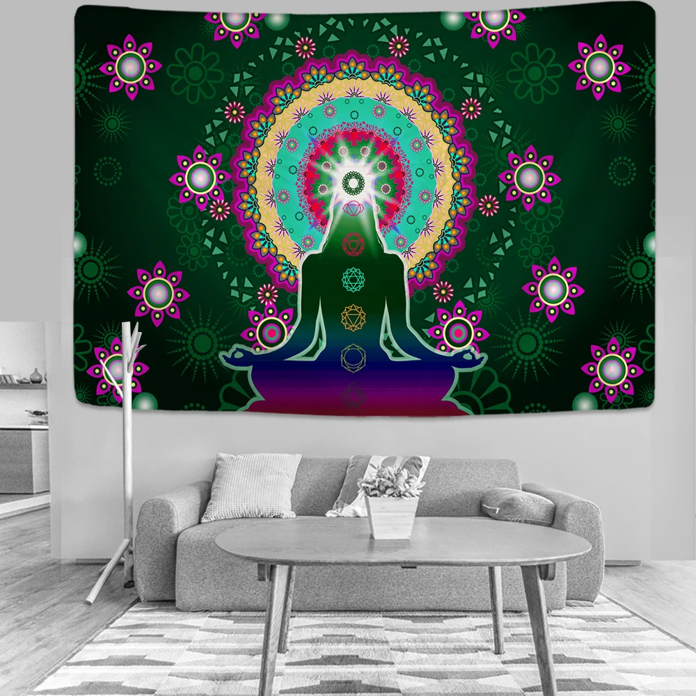 Indian Buddha Statue Meditation 7 Chakra Tapestry Wall Hanging Mandala Tapestries Wall Cloth Psychedelic Yoga Wall Hanging