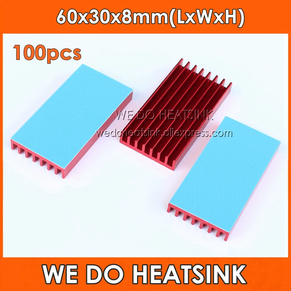 

WE DO HEATSINK 100pcs 60x30x8mm Red Aodized Extruded Aluminum Heatsink Radiator Cooler With Thermal Heat Transfer Tape