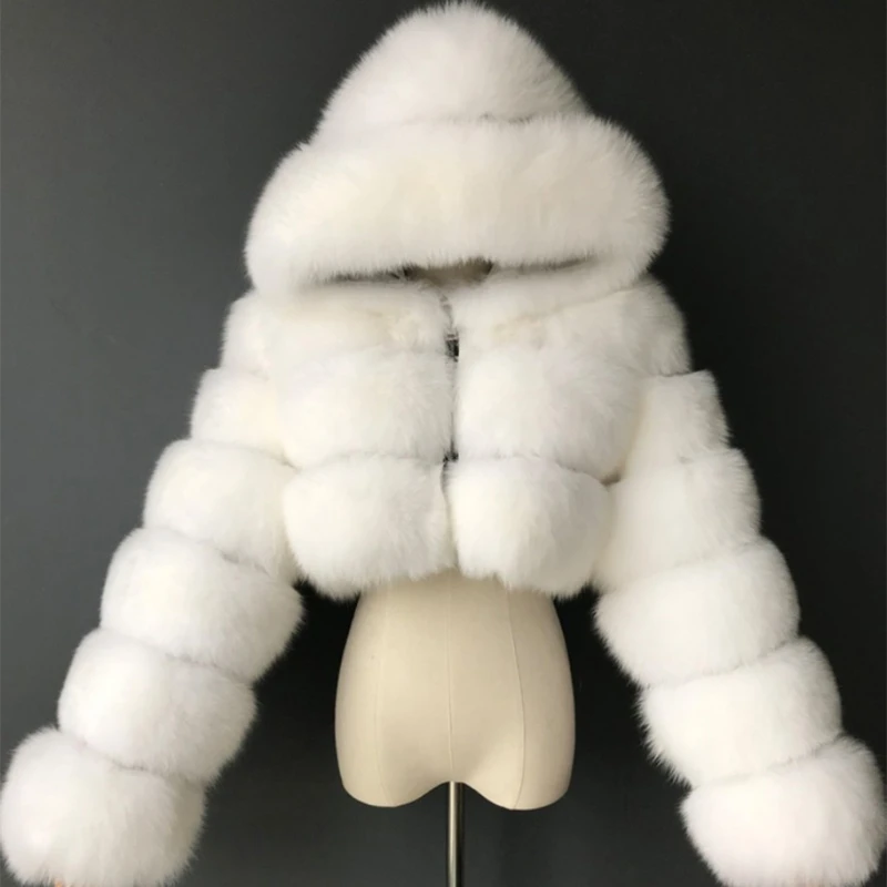 Women Winter Fluffy Furry Long Sleeve Jacket Hooded Full Zipper Solid Color Cropped Short Coat Luxury Warm Outwear S-2XL