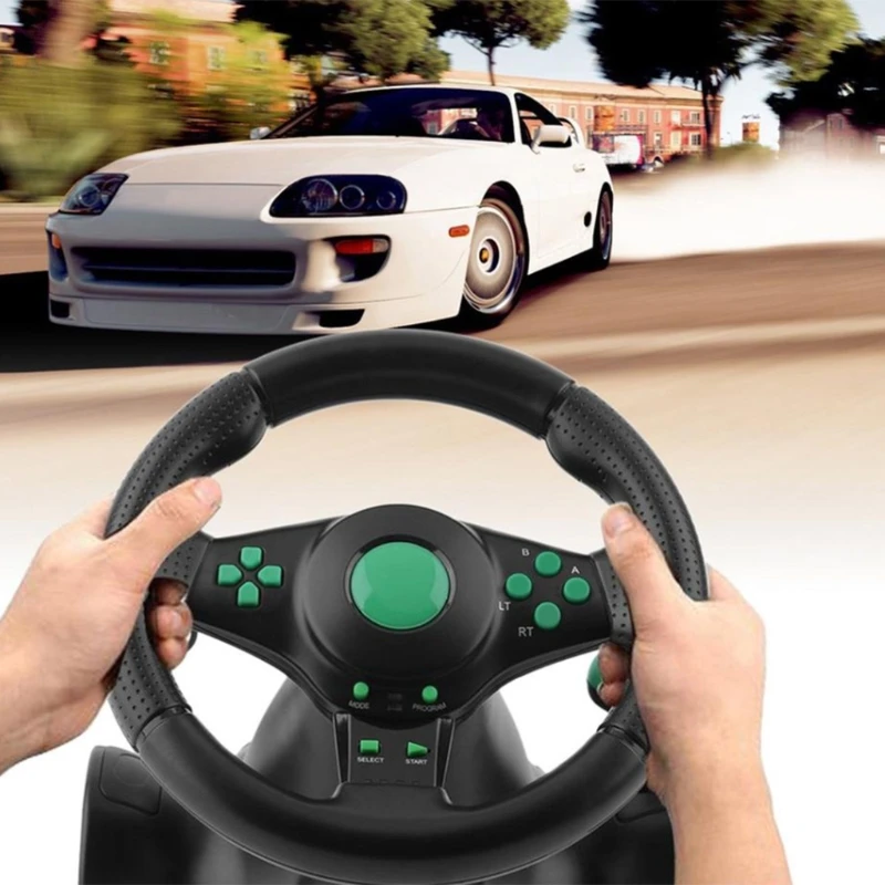 Gaming Steering Wheel with Pedals 180 Degree Rotation Vibration USB PC Wheel Compatible with XB360/PS3/PS2