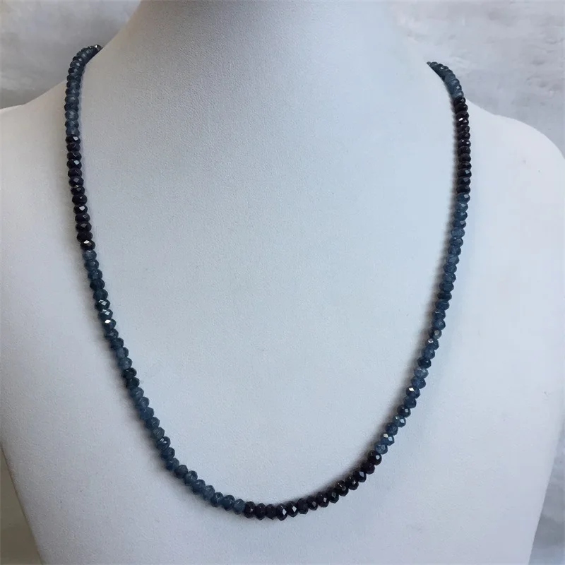 Double Blue Sapphire Chain Necklace for Women Natural Faceted Jade Stone Beads Choker Collares 3*4mm Abacus Gift Jewelry