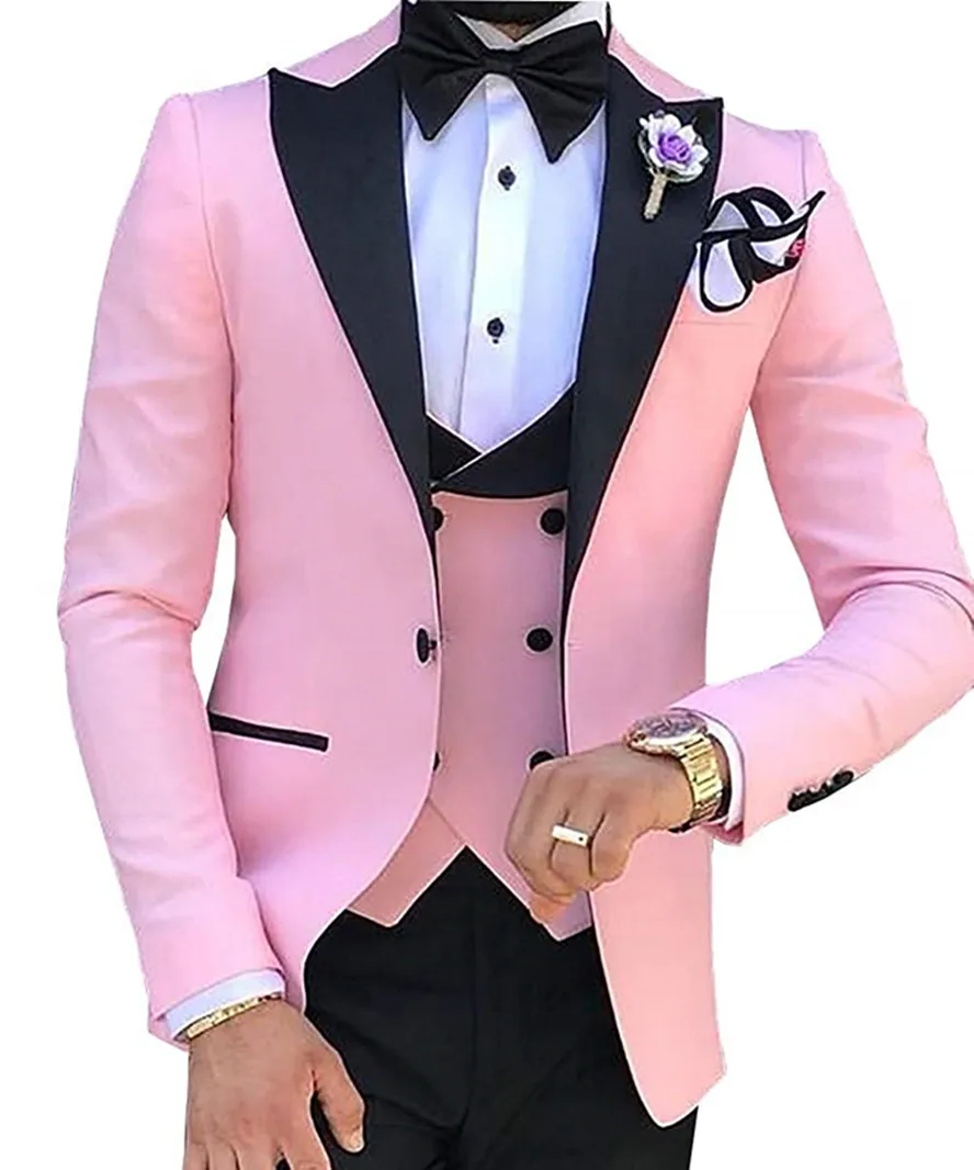 Trajes de boda a la moda para hombre, traje de novio, esmoquin rosa para hombre, trajes para fiesta de boda (chaqueta + Pantalones + chaleco + pajarita)