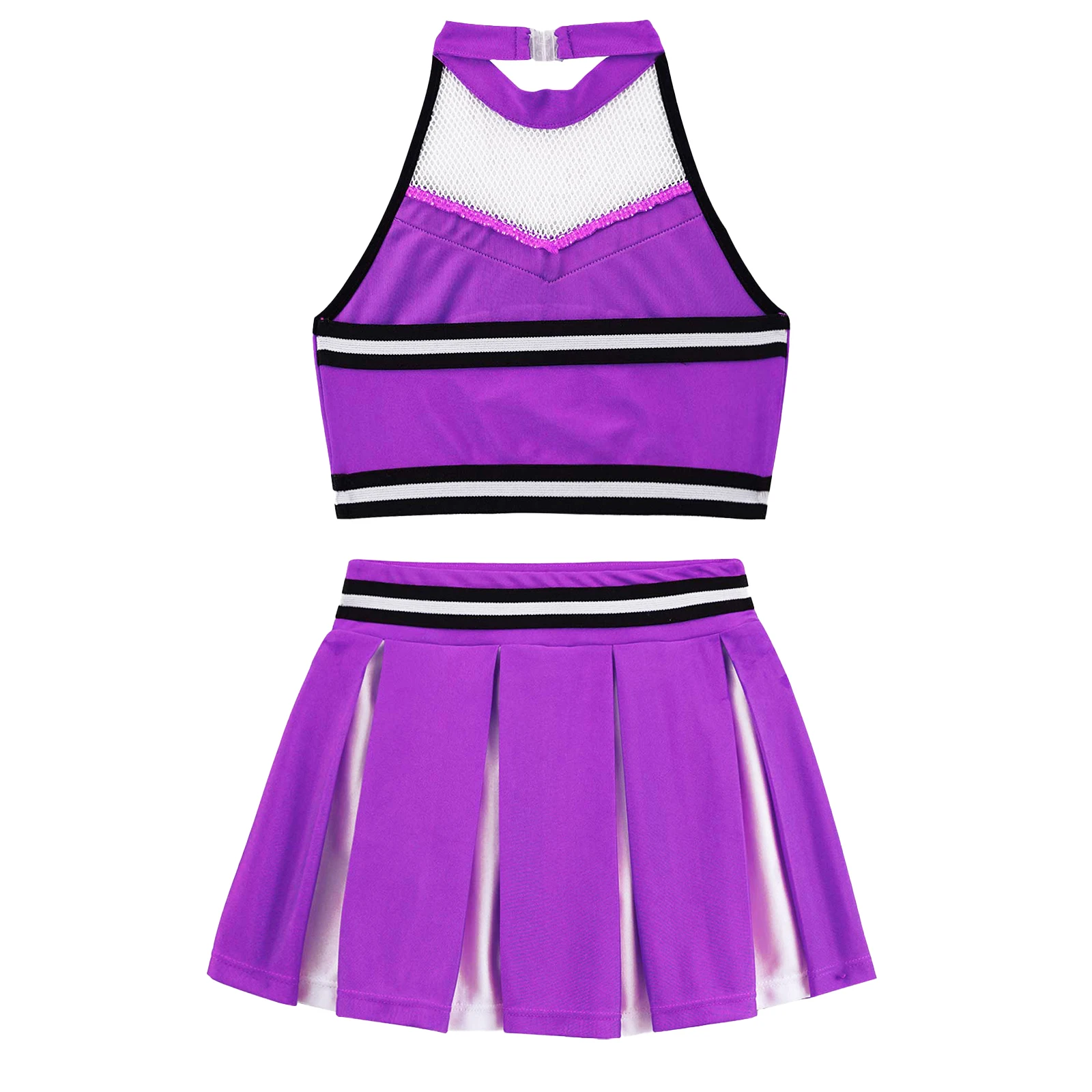 Crianças Meninas Cheerleader Uniforme Trajes De Dança Halter Mesh Patchwork Cheers Imprimir Top Colheita com Saia Plissada e Pompons Conjuntos