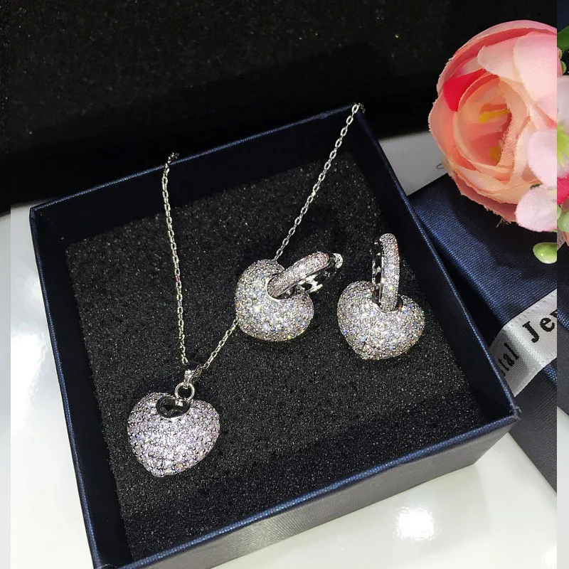 المشتري 925 فضة مجموعات مجوهرات نسائية الأبيض الزركون القلب قلادة القرط للنساء الفاخرة العروس الزفاف غرامة مجوهرات