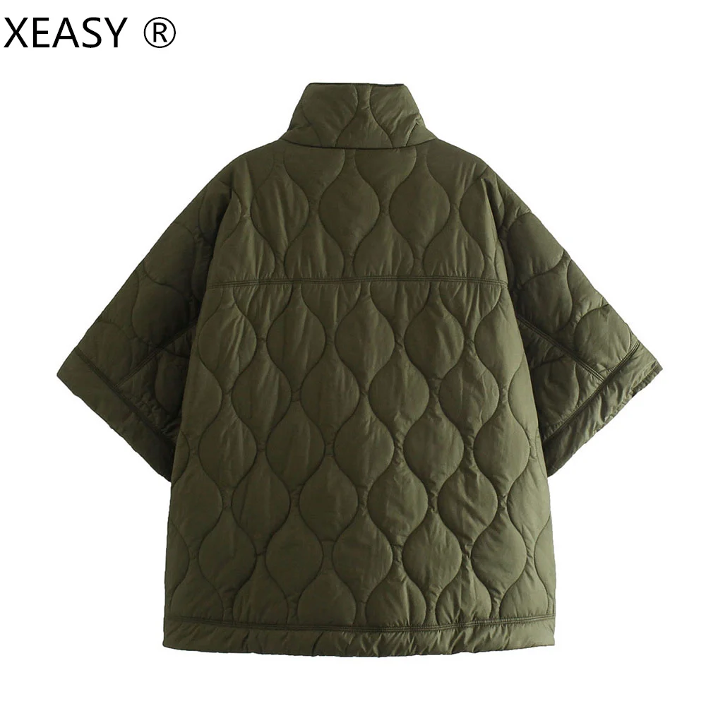XEASY Women Jacket Capes And Poncho Autumn Woman Clothes Solid Quilted Coats Zippers Cardigan For Women Casual Oversized Jacket