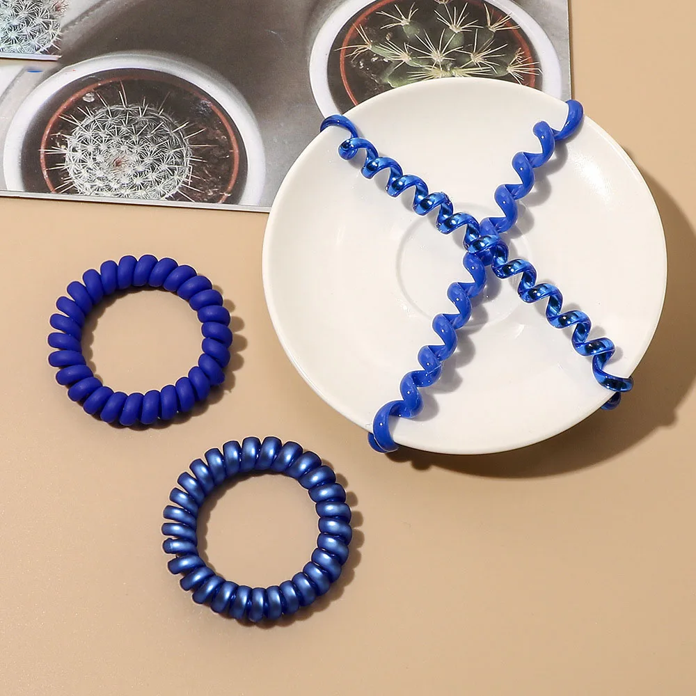 Elegant Royal Blue Spiral Hair Bands High Quality Telephone Wire Hair Ties For Lady Elastic Hair Rope Silicone Headwear