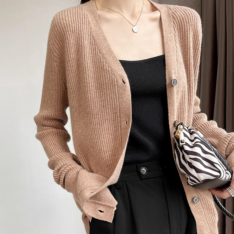 Spring and Autumn Chic V-Neck Striped Cashmere  Cardigan Women Cashmere Sweater Long Sleeve  Knitting Cardigan Women\'s