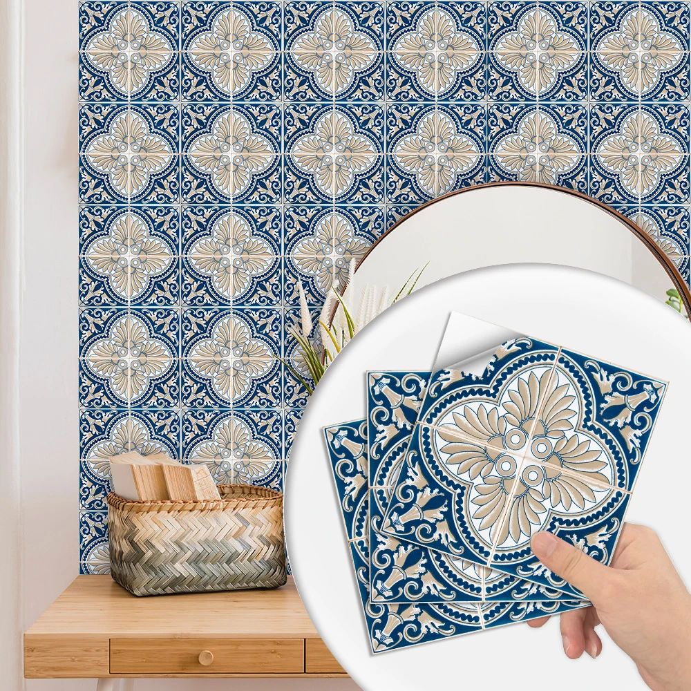 10pcs Moroccan Style Hard Tiles Wall Sticker Kitchen Backsplash Wardrobe Wall Deca Oil-proof Peel & Stick Ceramics PVC Wallpaper