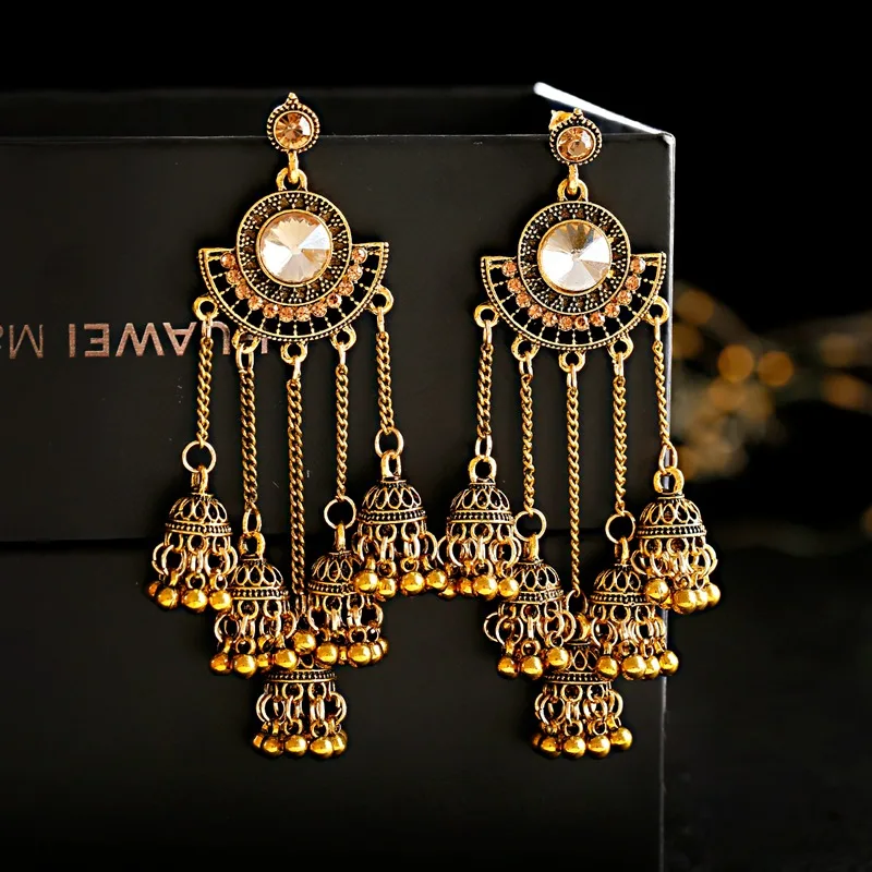 Women's Retro Big Gold Color Jhumka Earrings Indian Jewelry Classic White Beads Long Chain Tassel Dangle Earrings Hangers