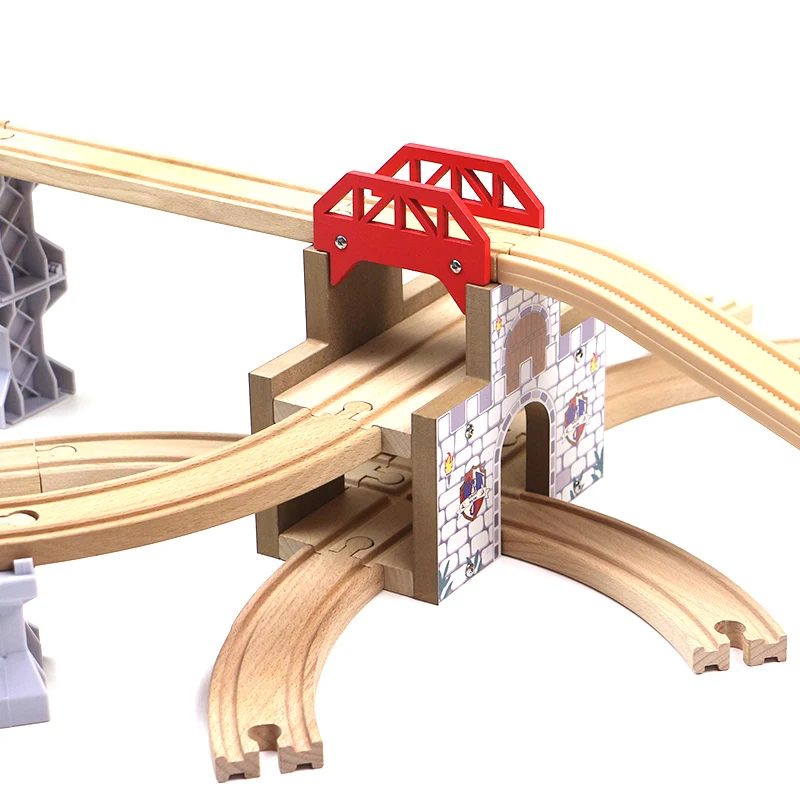 Wooden three-layer bridge station tunnel cave compatible with wooden train track building blocks children\'s educational toys X41