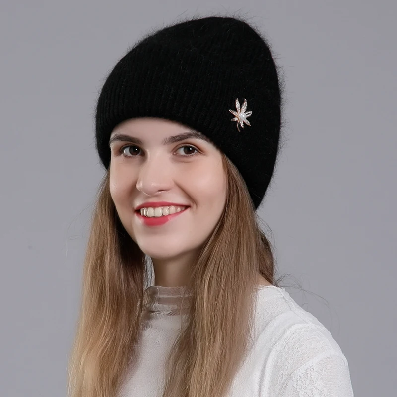 CNTANG Real Rabbit Fur Hat Winter Warm Beanies For Women Fashion Cute With Decorate Rhinestone Cap Female Casual Knitted Hats