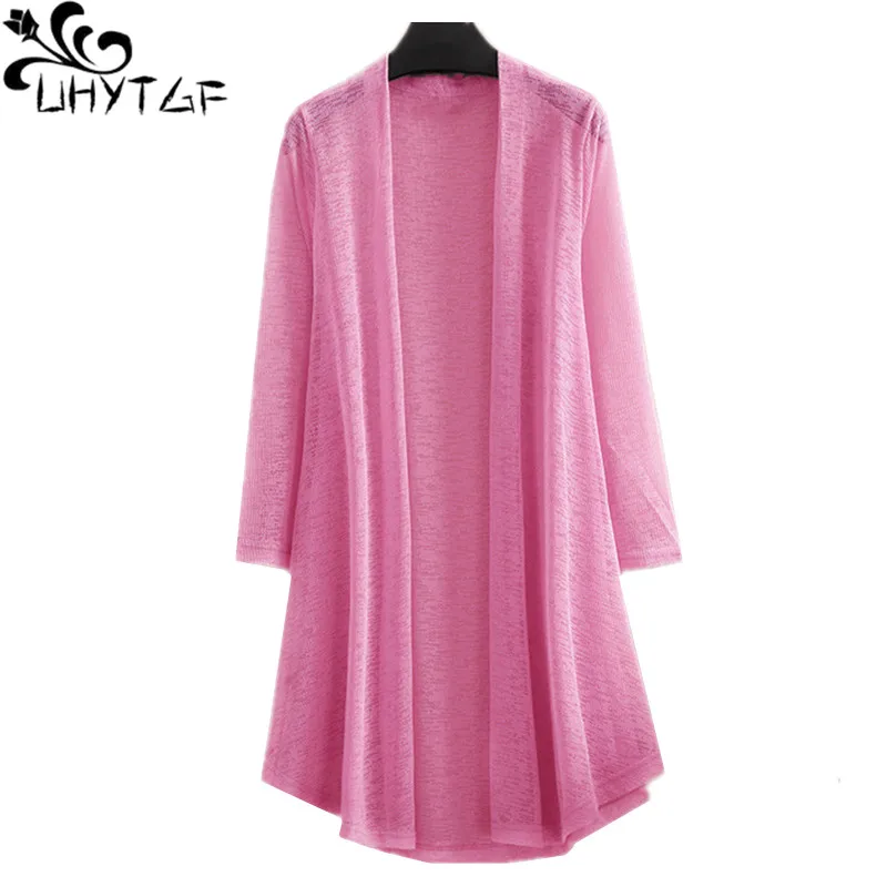 UHYTGF Ice Silk Shawl Summer Coat Women\'s Long-Sleeved Mesh Cardigan Female Thin Sun Protection Clothing 5XL Loose Size Top 1700