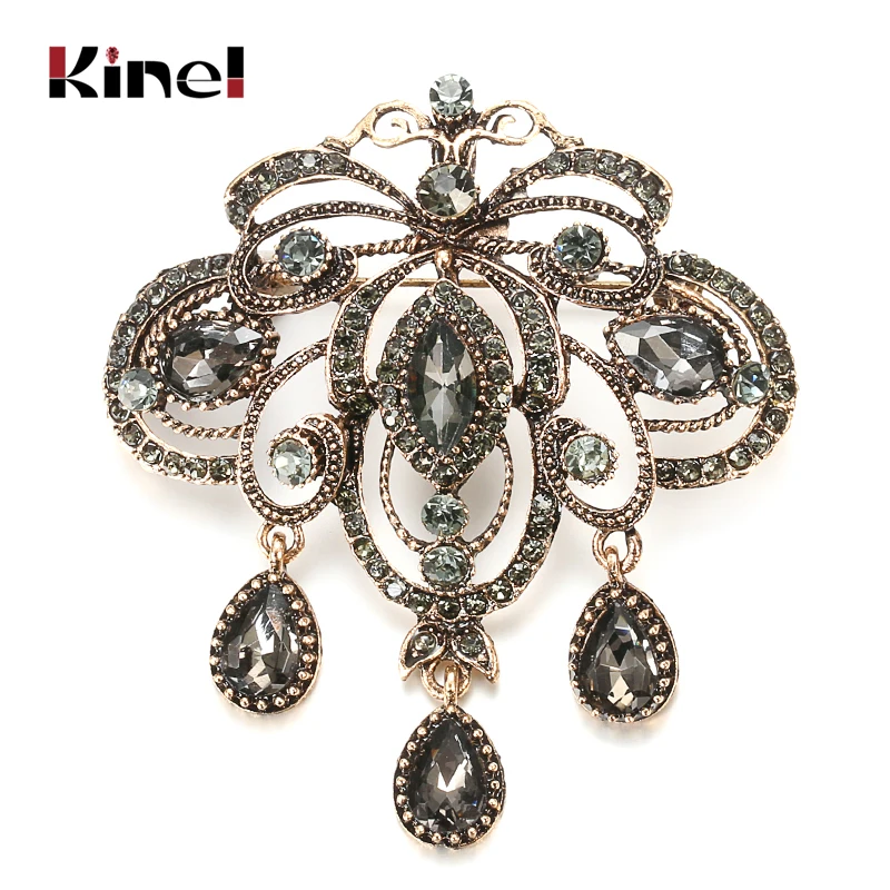 Kinel 2022 Fashion Vintage Gray Crystal Flower Women Brooch Pin Gold Color Arabesque Rhinestone Boho Brooch Lapel Scarf Broches