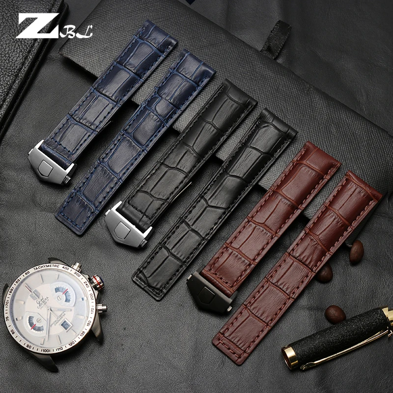 19mm 20mm 22mm Genuine Leather Bracelet For Tag Heuer Watchband Men Wristwatches Band Accessories Fold Buckle Leather Black