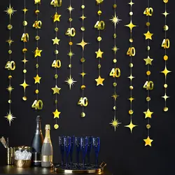 Gold 40th Birthday Banner Decorations Number 40 Circle Dot Twinkle Star Garlands Hanging Backdrop for 40 Year Old Birthday Party