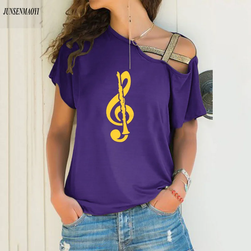 Treble Clef Clarinet Band Instrument Music Notes Pitch Woman Tshirts Music Hobbyist Casual Short Sleeve Summer Irregular Top Tee