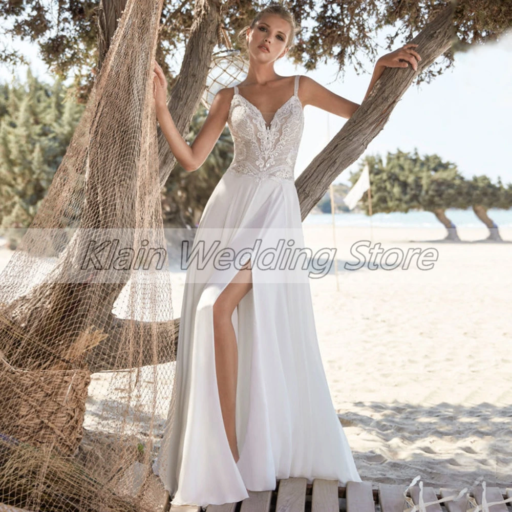 Elegante chiffon praia boho vestido de casamento 20221 alças de espaguete com decote em v sem mangas rendas apliques lado fenda vestidos de noiva