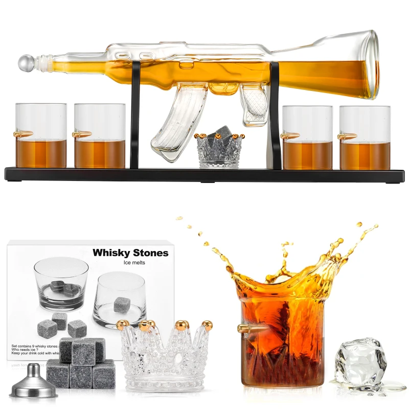 

Gun Decanter Pistol Shape Wine Bottle Drinks Set Four Shots Glasses And One Shot With Whiskey Decanter Set Home Decor and Gift