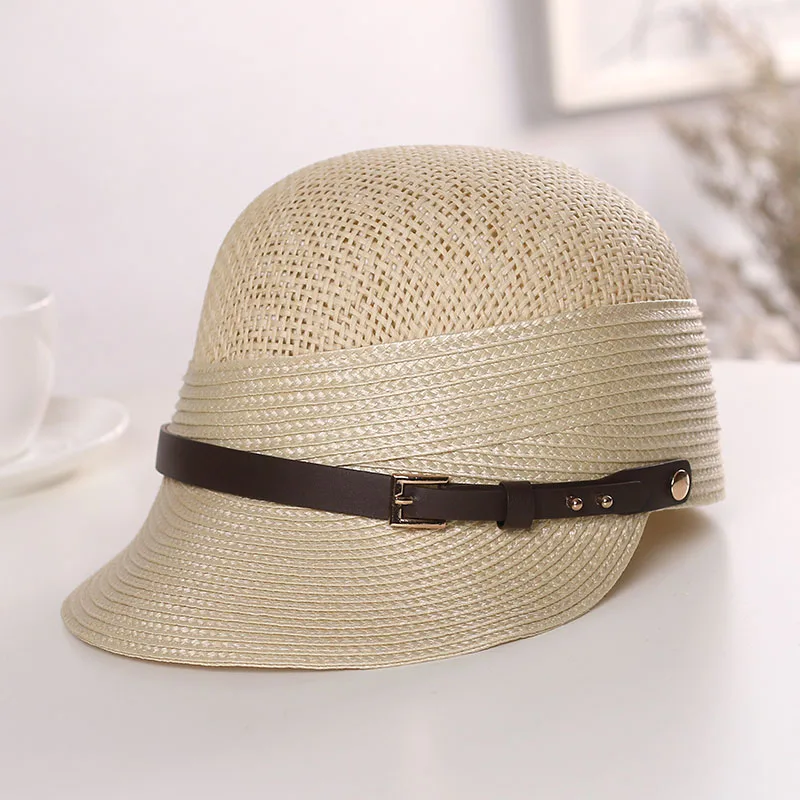 New Fashion Belt Style Summer Cap Breathable Straw Baseball Cap Handwoven Stylish Women Cap Structured Mesh Straw Trucker Cap