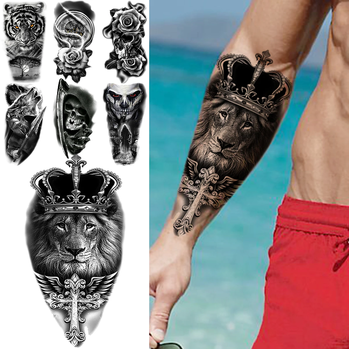 Black Lion Cross Wings Crown Temporary Tattoos For Men Adult Tiger Skull Vampire Flower Fake Tattoo Waterproof Half Sleeve Tatoo