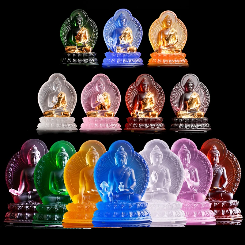 Bouddha de Protection Spirituelle Efficace pour la Famille, Sept Gestes Différents, Glaçure Colorée Intense, 7 Couleurs