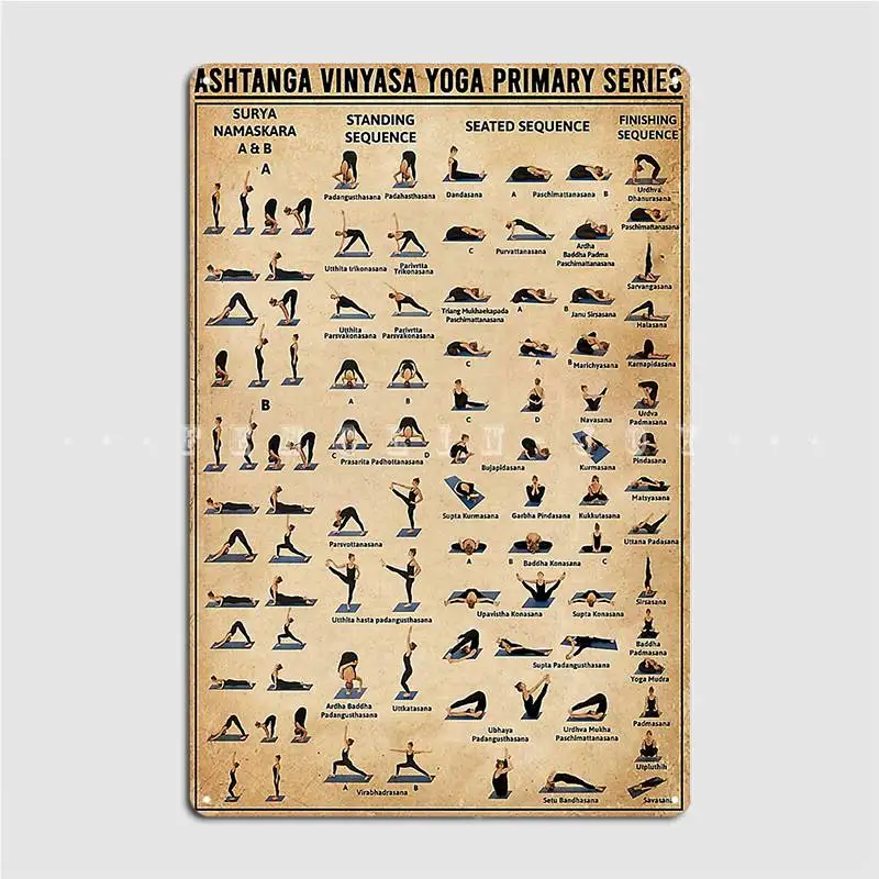 Ashtanga Vinyasa Yoga serie primaria Metal Sign Cinema soggiorno targhe da parete personalizzate Tin Sign Poster