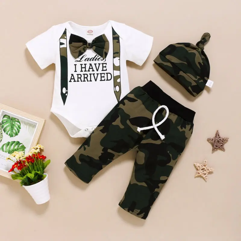 Neugeborenes Baby Kleidung Brief Print Romper Tops Camouflage Lange Hosen Camo Hut Outfits Kleidung Set