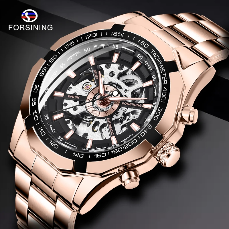 Forsining Brand Rose Gold Luxury Stainless Steel Waterproof Mens Skeleton Watches Transparent Mechanical Male Wrist Watch