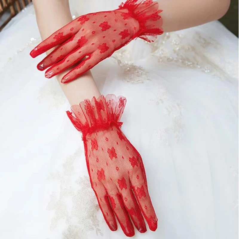 Korean Summer Short Thin Mesh Non Slip UV Driving Sunscreen Mittens Women Wedding Dress Full Finger Flowers Lace Gloves K21