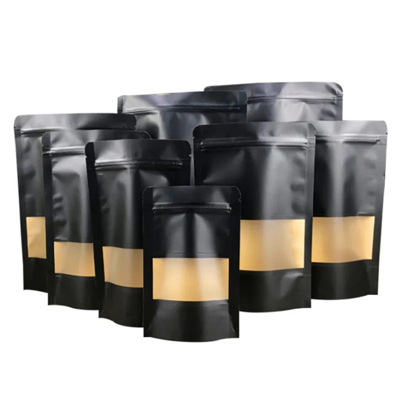 

50pcs Matte Black Paper Stand Up Frosted Window Zip Lock Bag Heat Sealing Spice Biscuits Coffee Resealable Packaging Pouches