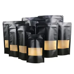 50pcs Matte Black Paper Stand Up Frosted Window Zip Lock Bag Heat Sealing Spice Biscuits Coffee Resealable Packaging Pouches