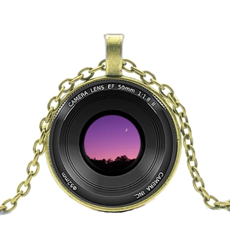 BTWGL Fashion SLR Camera Lens Camera Lens Necklace Three-Color Metal Necklace Round Glass Pendant Handmade Necklace Jewelry