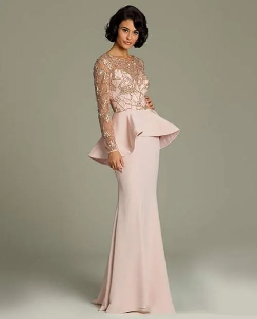 

Elegant Pink Mother of the Bride Dresses Long Sleeve Beaded Women Ladies Plus Size Formal Evening Party Prom Gowns