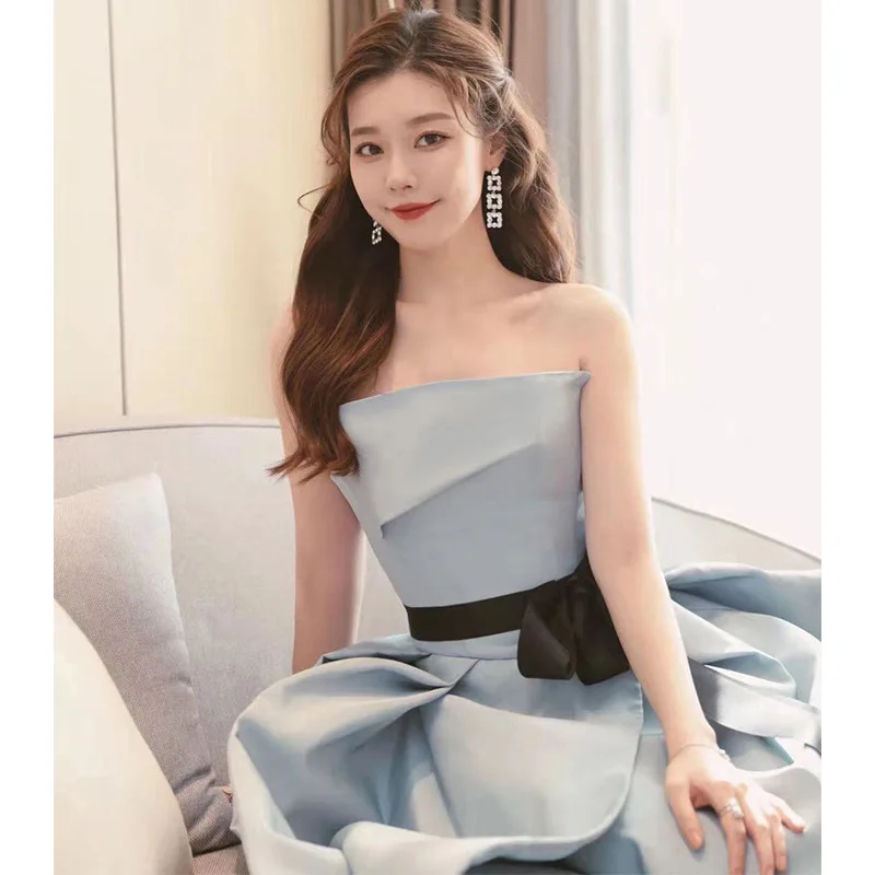 Blue Strapless Pleat Evening Dress Female 2021 Summer New Banquet Ladies Host Dress Female Prom Dress Sexy Gown Ball Dress A273