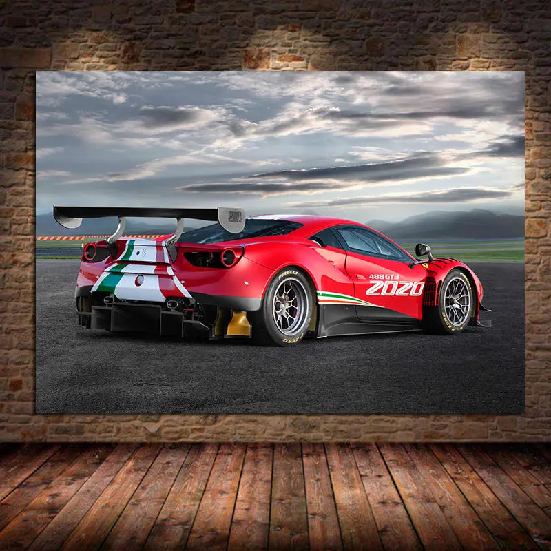 Supercar Poster Ferraris 488 GT3 EVO Sport Red Car Wall Art Picture Prints Modern Canvas Painting for Living Room Decor Unframed