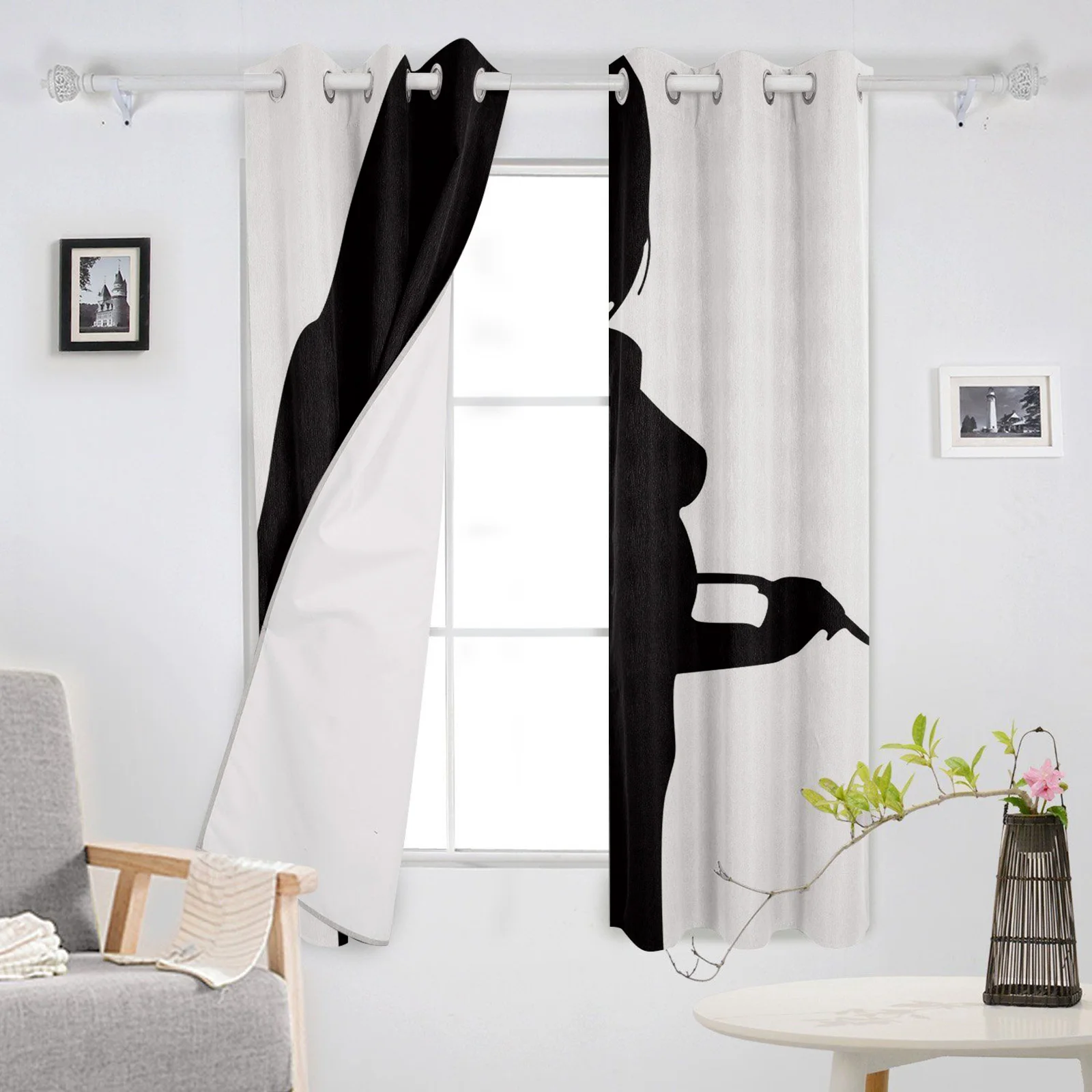 Black And White Lady Shadow Blackout Curtains for Children Kids Home Decor Bedroom Living Room High Shading Window Curtains