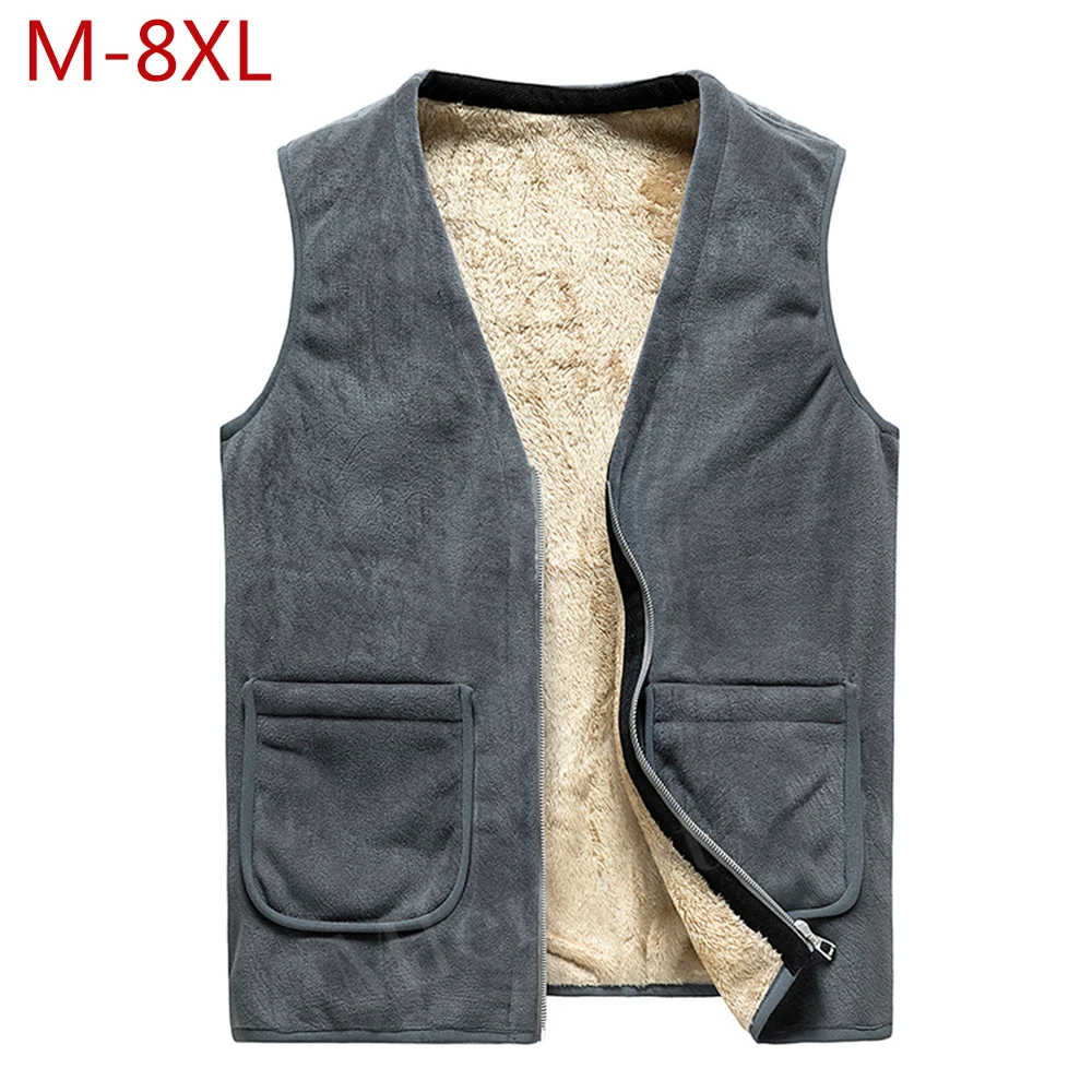 Winter Men Fleece Vest Simple Solid Sleeveless Jackets Autumn Casual Thick Warm Waistcoat V-Neck Men Coats Plus Large Size M-8XL