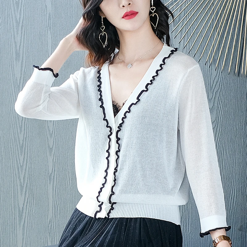 High Quality Women Cardigan Summer Thin Knitwear See Through Female Sun Protection Knit Outwear