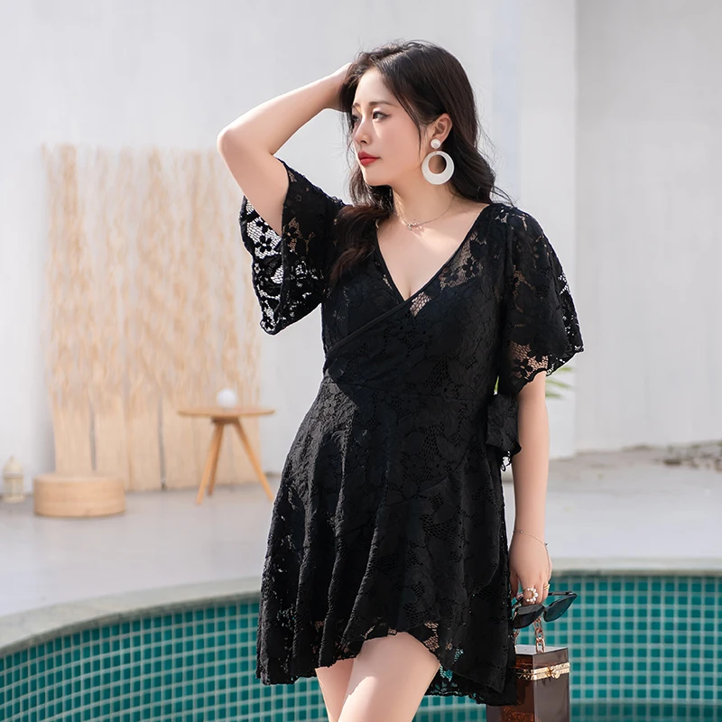 2XL-9XL Extra Plus ขนาดชุดว่ายน้ำ One Piece Swimdress สีดำ Underwired ชุดว่ายน้ำลูกไม้ชุดว่ายน้ำชุดว่ายน้ำขนาดใหญ่