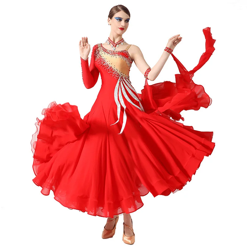 Exquisite High Quality Women Ladies Performance Wear International Standard Competition Red Ballroom Dance Dress