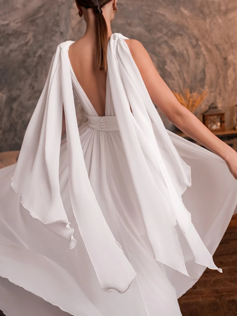 Vestidos de novia bohemios de gasa, ropa blanca sin mangas, cuello Halter, Espalda descubierta, cuentas, 2023