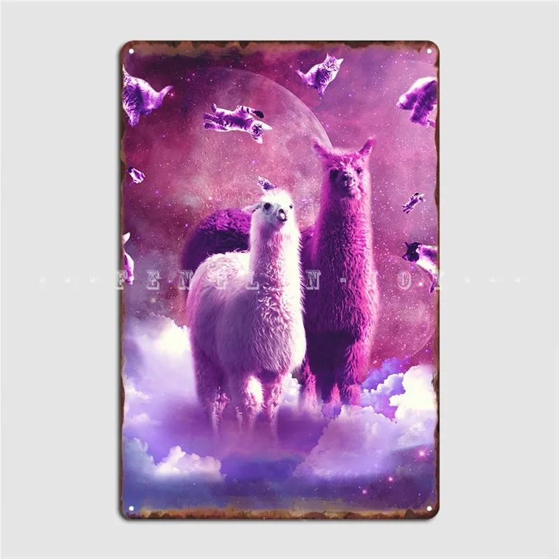 

Galaxy Cat With Llama Metal Plaque Poster Wall Cave Living Room Wall Decor Funny Tin Sign Poster