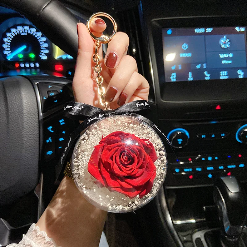 Rose Keychain Pendant Transparent Plastic Eternal Flower Key Chain Women Car Handbag Keyring Valentines Day Birthday Gift