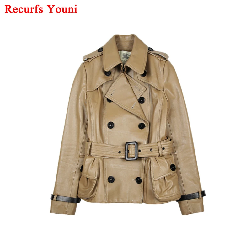 Imagem -02 - Jaqueta de Couro Genuíno Feminino Inverno Duplo Breasted Clássico Cinto Curto Trench Coat Mujer Bege Preto Moto Blusão