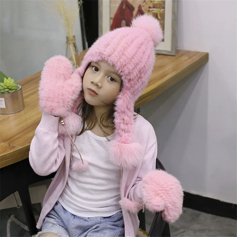 Natural Mink Fur Bomber hats Winter Warm Outdoor Fluffy  Earflap Caps Luxury Russian Boys and Girls Children R6