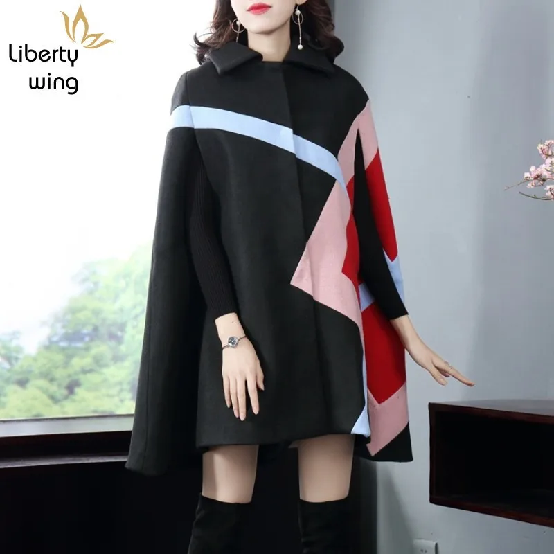 

Autumn Winter Trench Women Mid Long Cloak Shawls Batwing Sleeve Wool Blends Coat Female Loose Fit Plaid Outerwear Cape