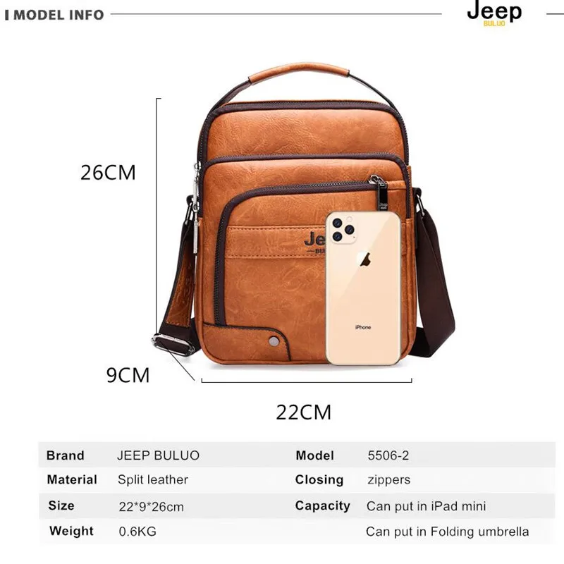 JEEP BULUO Brand High Quality Business Crossbody Tote Bags Man Leather Bags Male Cow Split Leather Handbag Messenger  For Men